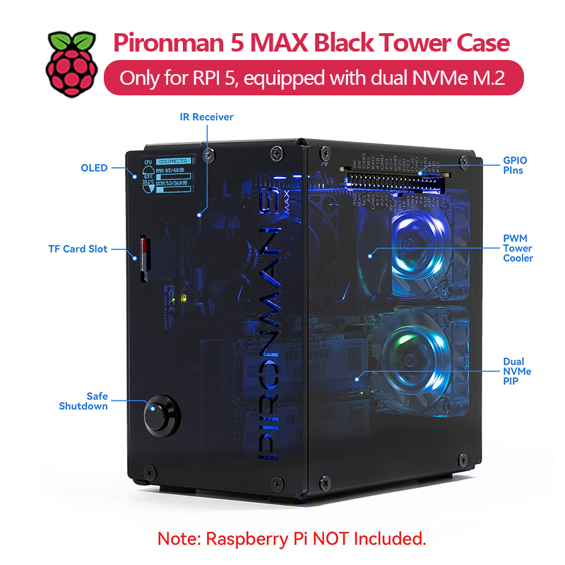 Pironman 5 MAX, Black Tower Ca - Argon One V3 M.2 Nvme Case recensie en prijs